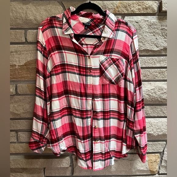 Torrid Lizzie Softest Flannel Shirt Button Up Pink Black White 1x - Picture 2 of 8